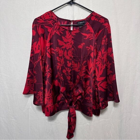 Liz Claiborne Career Red Floral Front Tie Blouse Size Large - Picture 1 of 8